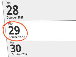 Date Monday 29 October 2018 circled in red on a calendar
