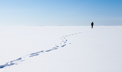 Person walks on frozen sea with snow