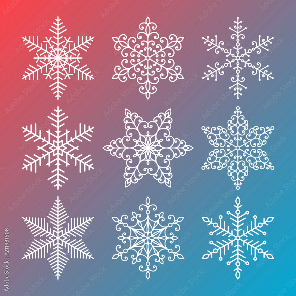 Poster set of snowflakes. 9 snowflakes on the gradient background.