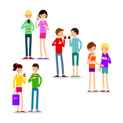 Drinking coffee. Man and woman are standing and drinking hot drink. Illustration in flat style. Modern people of drinking coffee. Isolated