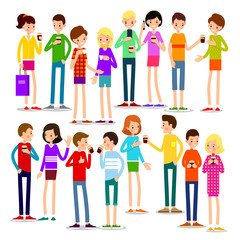 Drinking coffee. Man and woman are standing and drinking hot drink. Illustration in flat style. Modern people of drinking coffee. Isolated