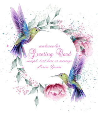 Greeting card with watercolor humming bird frame. Vector