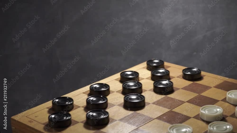 Poster chessboard with chess on a table, rotation 360 degrees. beautiful dark background.