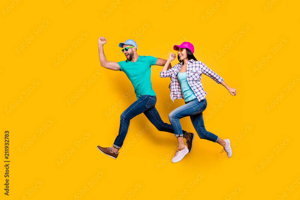 Sticker portrait of athletic sportive students running fast wearing jeans casual clothes isolated on bright 