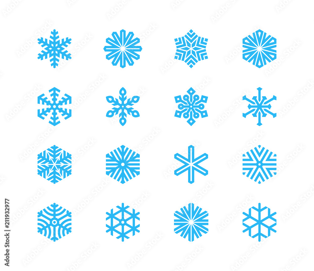 Poster set of snowflakes. 16 vector icons. collection of logos for your design.