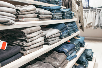 Jeans on the counter of the store