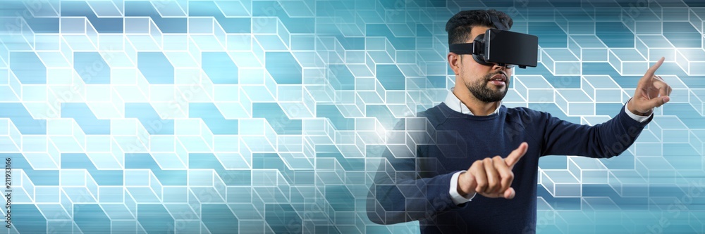 Poster man using virtual reality headset with geometric transitions