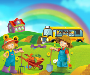 cartoon scene with children on the farm having fun and school bus - illustration for children
