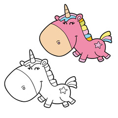  Vector illustration coloring page of happy cartoon  unicorn for children, coloring and scrap book