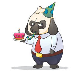 Cartoon funny illustration of businessman boss sheep with a grumpy expression with cake and party hat. Hard work stress and Monday