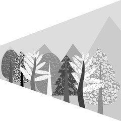 Flat monochrome illustration with the wood and rocks.