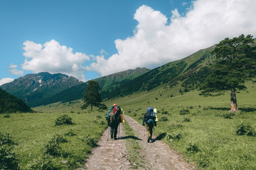 Obraz premium two tourists going trekking by the green mountain valley