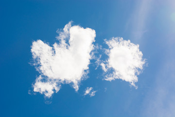 White fluffy clouds in the form of heart and sky, background.