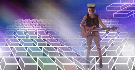 Woman playing guitar with geometric transition