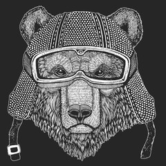 Bear. Vintage motorcycle hemlet. Retro style illustration with animal biker for children, kids clothing, t-shirts. Fashion print with cool character. Speed and freedom.