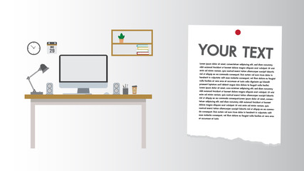 Modern Desk flat design computer set workplace documents and stationary is workplace with copy space for ypur text vector illustrator.