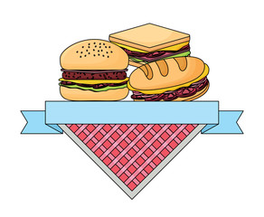 picnic emblem with sandwiches and hamburger over white background, vector illustration