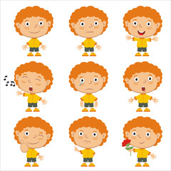 Collection of emoticons of funny boy with red hair in different poses isolated on white background.