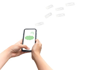 Conceptual hand using cell phone with digital icon isolated