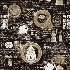 Foto op Plexiglas Koffie Vector naadloos patroon op het koffiethema met verschillende koffiesymbolen, vlekken en inscripties op een achtergrond van oud manuscript in retrostijl. Kan worden gebruikt als behang of inpakpapier