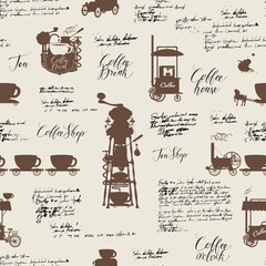 Vector seamless pattern on the coffee theme with a various coffee symbols, blots and inscriptions on a background of old manuscript in retro style. Can be used as wallpaper or wrapping paper