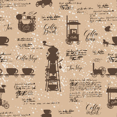 Modèle sans couture de vecteur sur le thème du café avec divers symboles de café, taches et inscriptions sur fond de vieux manuscrit de style rétro. Peut être utilisé comme papier peint ou papier d& 39 emballage
