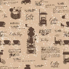 Fototapete Kaffee Vektornahtloses Muster zum Thema Kaffee mit verschiedenen Kaffeesymbolen, Flecken und Inschriften auf einem Hintergrund des alten Manuskripts im Retrostil. Kann als Tapete oder Geschenkpapier verwendet werden