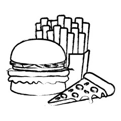 hamburger with pizza and french fries over white background, vector illustration