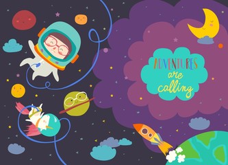 Naklejka premium Girl astronaut with her unicorn