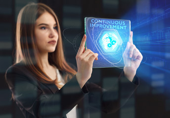 The concept of business, technology, the Internet and the network. A young entrepreneur working on a virtual screen of the future and sees the inscription: Continuous improvement
