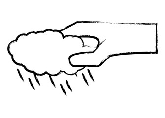 hand holding a cloud with rainy drops over white background, vector illustration