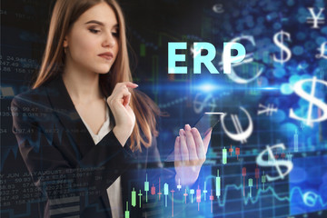 The concept of business, technology, the Internet and the network. A young entrepreneur working on a virtual screen of the future and sees the inscription: ERP