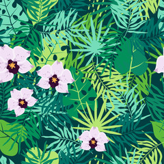 Fototapeta na wymiar Jungle Seamless Pattern with Tropical Leaves and Orchid. 