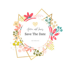 Beautiful banner with flowers and gold geometric elements. Frame template. Vector illustration.