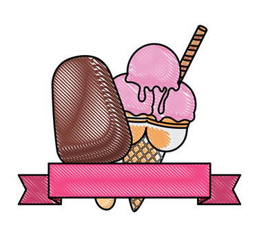 emblem with ice creams and decorative ribbon over white background, vector illustration