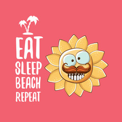 Fototapeta premium Eat sleep beach repeat vector concept cartoon illustration or summer poster. vector funky sun character with funny slogan for print on tee. summer party fun label or icon on pink background