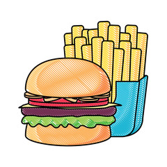 hamburger and french fries over white background, vector illustration