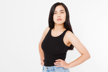 Obraz premium Asian woman beauty spa and skin care concept. Japanese girl in template blank summer shirt isolated on white background. Copy space. Mock up.