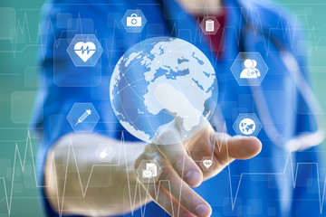 Doctor pressing button map icon healthcare on virtual online panel medicine