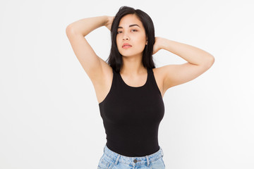 Woman perfect armpit. Asian japanese girl isolated on white background. Summer template blank t shirt clothes. Copy space. Mock up. Spa and skin care concept. Make up