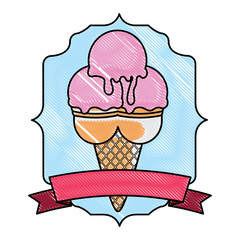 ice cream with three scoops over decorative frame and ribbon and white background, vector illustration