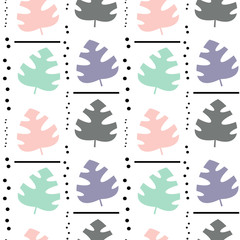 cute blue and pink exotic monstera leaves seamless vector pattern background illustration with confetti