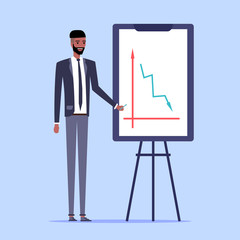Businessman at the blackboard with a diagram. Vector illustration