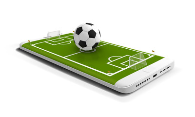 Mobile football soccer. Mobile sport play match. Online soccer game with live mobile app. Football field on the smartphone screen and ball. Online ticket sales concept