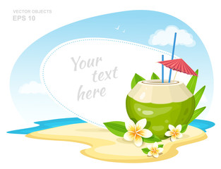 Fresh Coconut Cocktail with Plumeria Flowers, straws and Umbrella on the Island Beach. Summer Time Vacation Attribute. Vector Banner Design Concept with Place for Text © iv_design
