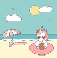 cute cool cartoon unicorn with sunglasses, float and coconut juice on the beach funny summer vector illustration
