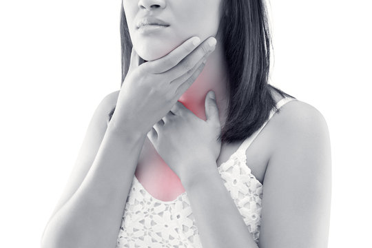Asian women thyroid gland control. Sore throat of a people isolated on white background.. People body problem concept