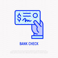Bank check in hand thin line icon. Modern vector illustration.