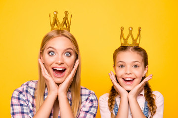 Wow yes delight pleasure! Two impressed people adult mom mum mommy concept. Close up portrait of beautiful cute lovely sweet gorgeous gesturing girls with opened mouths isolated on bright background