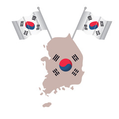 south korea map with decorative flags over white background, vector illustration
